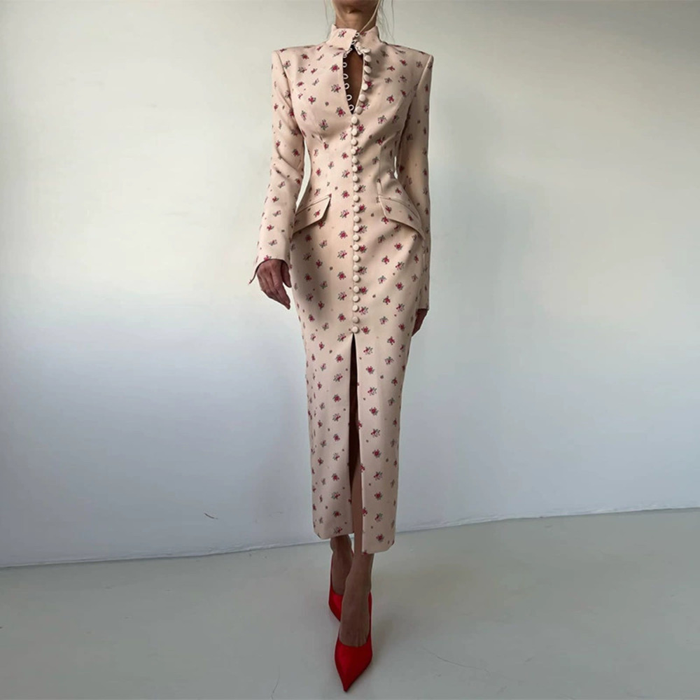 Forever 21 Elegant Floral Long-Sleeve Bodycon Maxi Dress with Side Slit